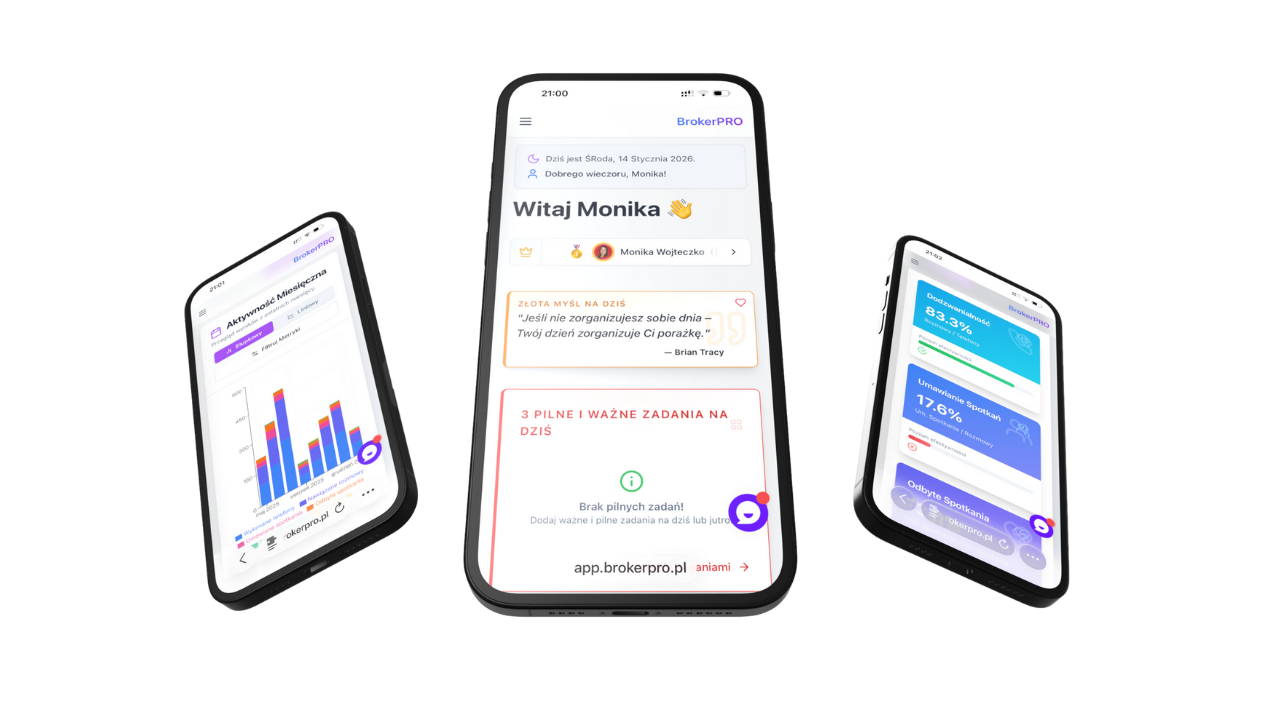 Trzy smartfony z aplikacją BrokerPRO na ekranie.