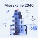 Ilustracja nowoczesnego budynku z symbolem Mieszkanie 2040.