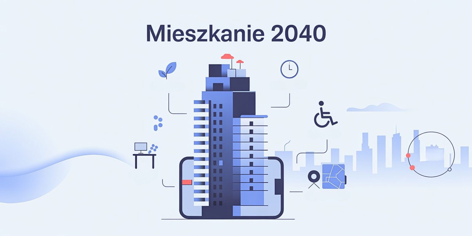 Ilustracja nowoczesnego budynku z symbolem Mieszkanie 2040.