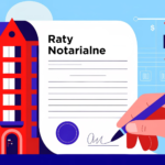 Ilustracja z budynkiem i podpisem na dokumencie rat notarialnych.