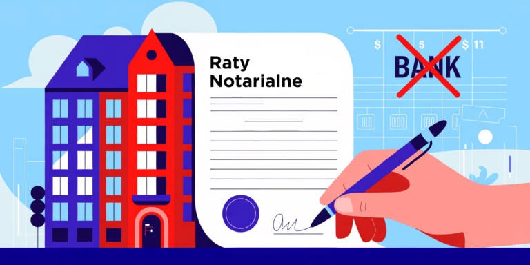 Ilustracja z budynkiem i podpisem na dokumencie rat notarialnych.