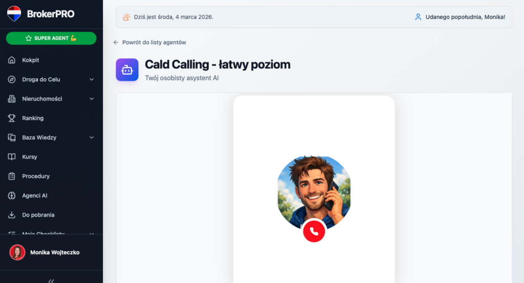 Ekran aplikacji BrokerPRO z awatarem. Osobisty asystent AI do cold callingu.