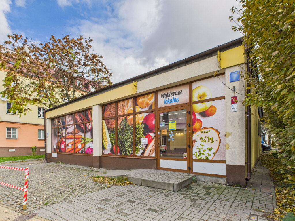 Sklep spożywczy z grafiką świeżych produktów