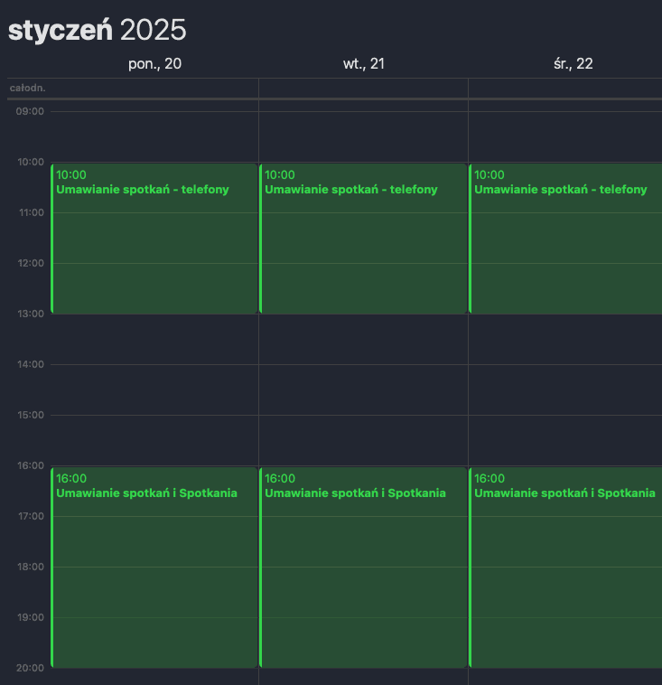 Widok kalendarza ze spotkaniami w styczniu 2025