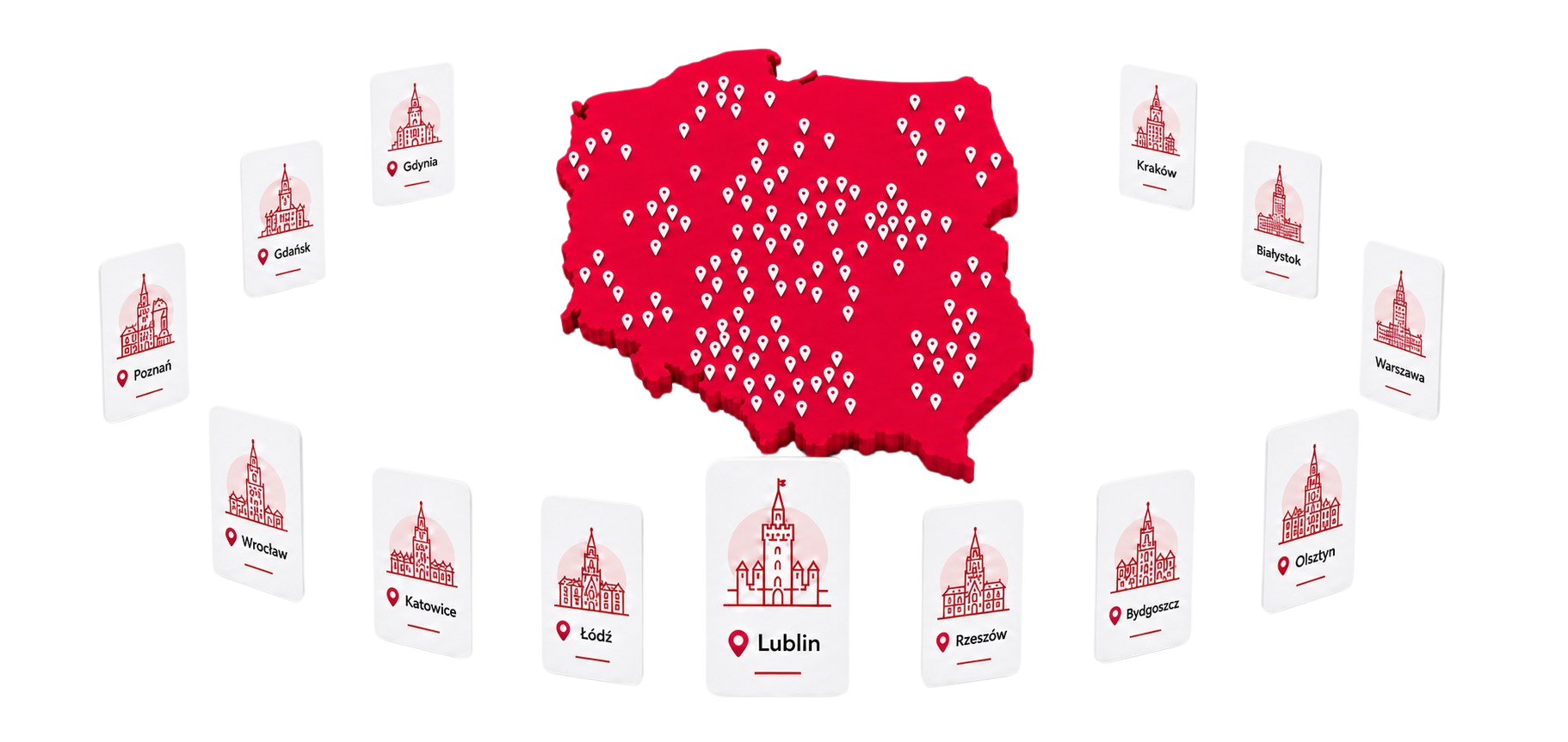 Czerwona mapa Polski z znacznikami lokalizacji