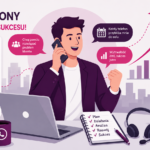 Ilustracja sprzedawcy prowadzącego rozmowę telefoniczną przy biurku