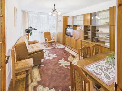 Przytulny salon z drewnianymi meblami i dywanem