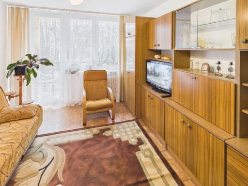 Przytulny salon z meblościanką i fotelem