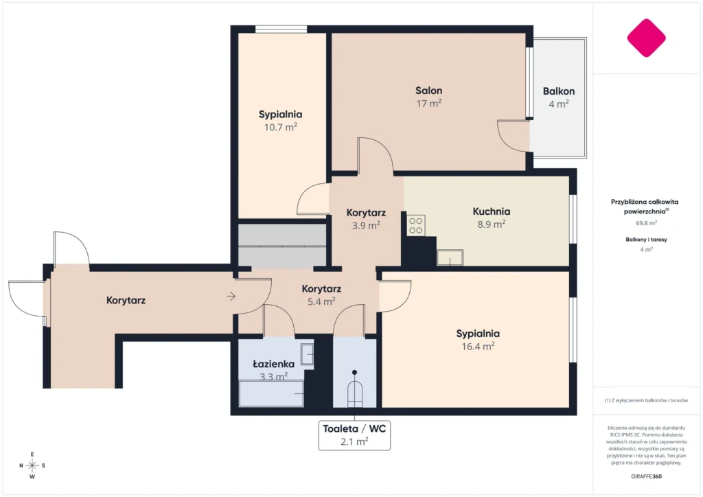 Rzut mieszkania trzypokojowego z balkonem 69,8 m²