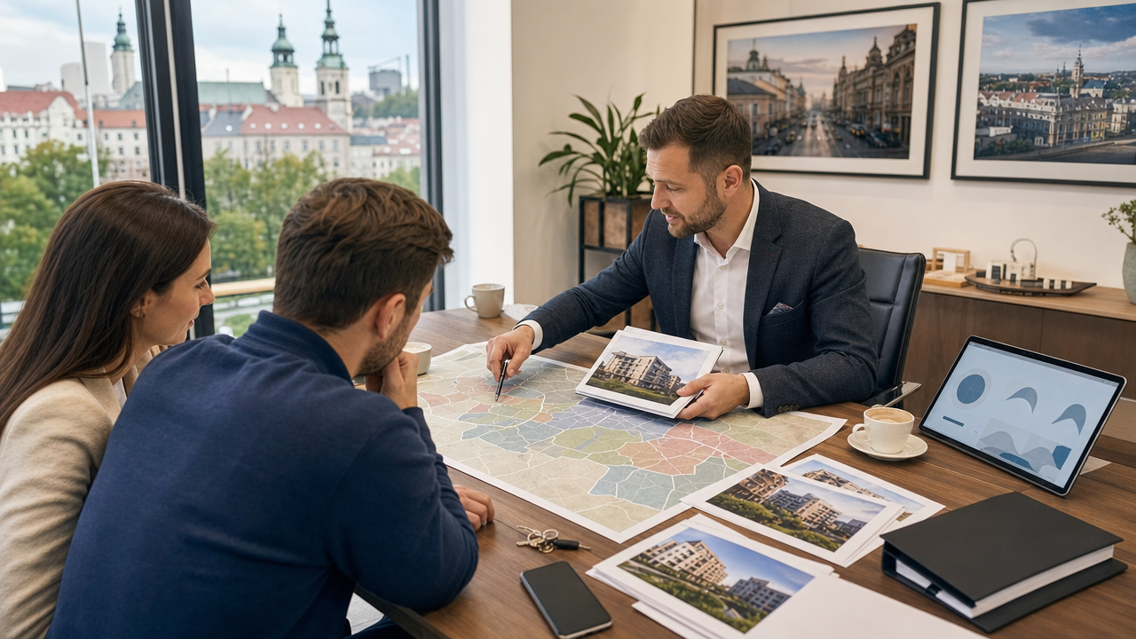 Agent i klienci przeglądający oferty na tle mapy dzielnic Lublina