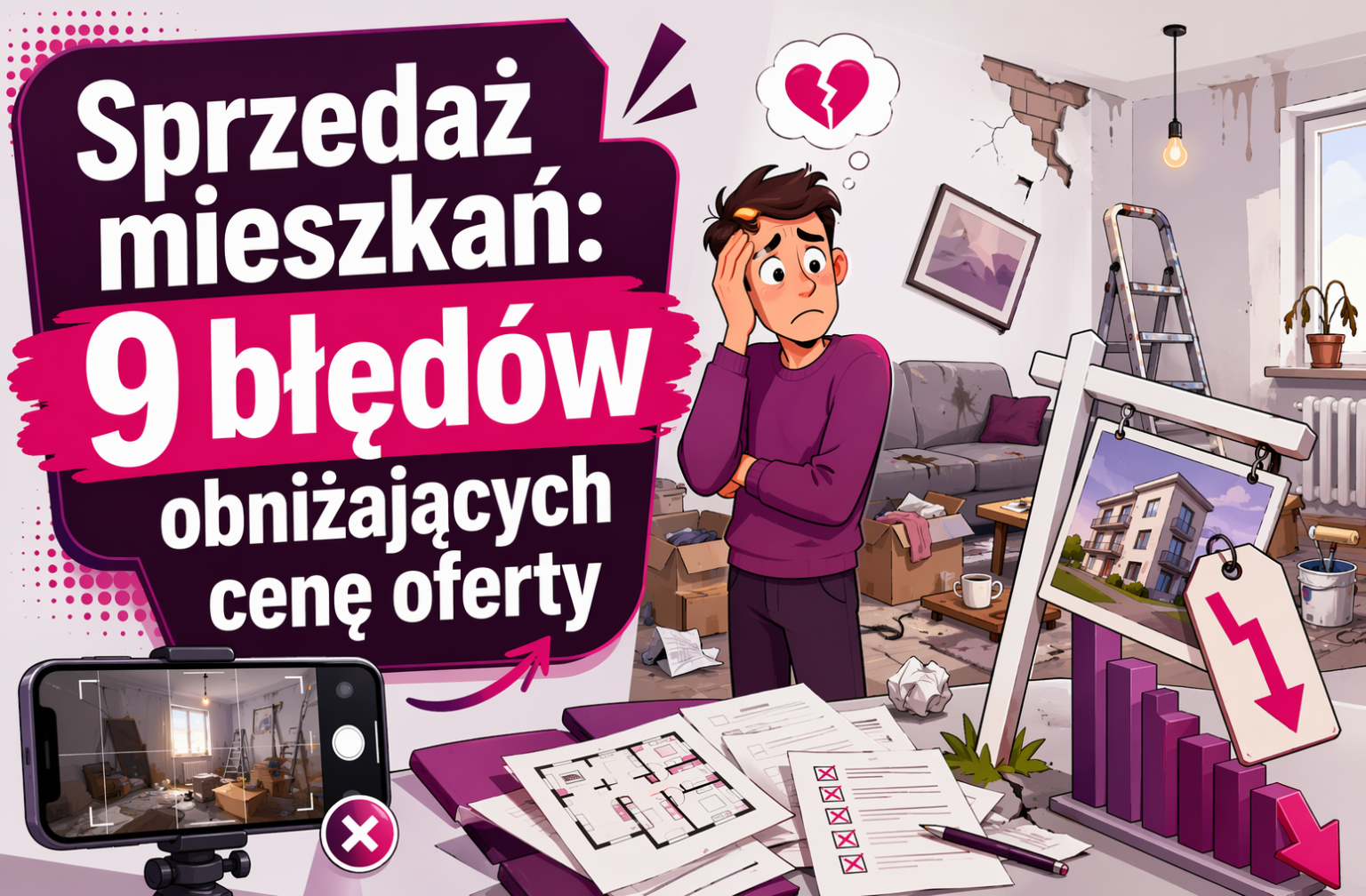 Zmartwiony mężczyzna w zniszczonym mieszkaniu na sprzedaż
