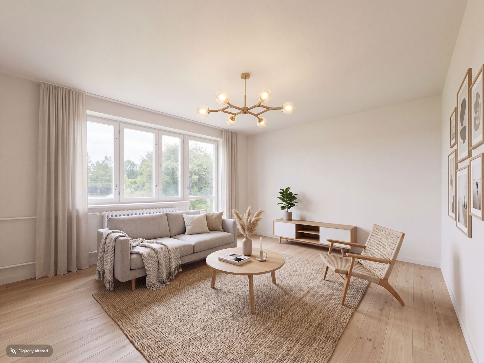 Jasny minimalistyczny salon z beżową sofą i drewnianymi meblami