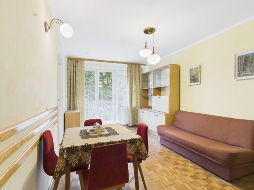 Salon z jadalnią, sofą i wyjściem na balkon