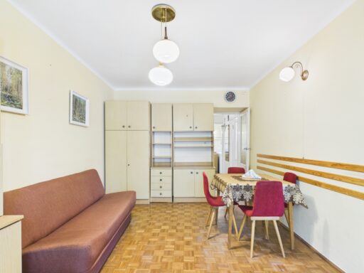 Salon z sofą, stołem i zabudową meblową