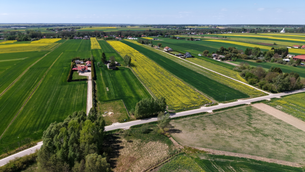 Widok z lotu ptaka na pola i wiejską zabudowę