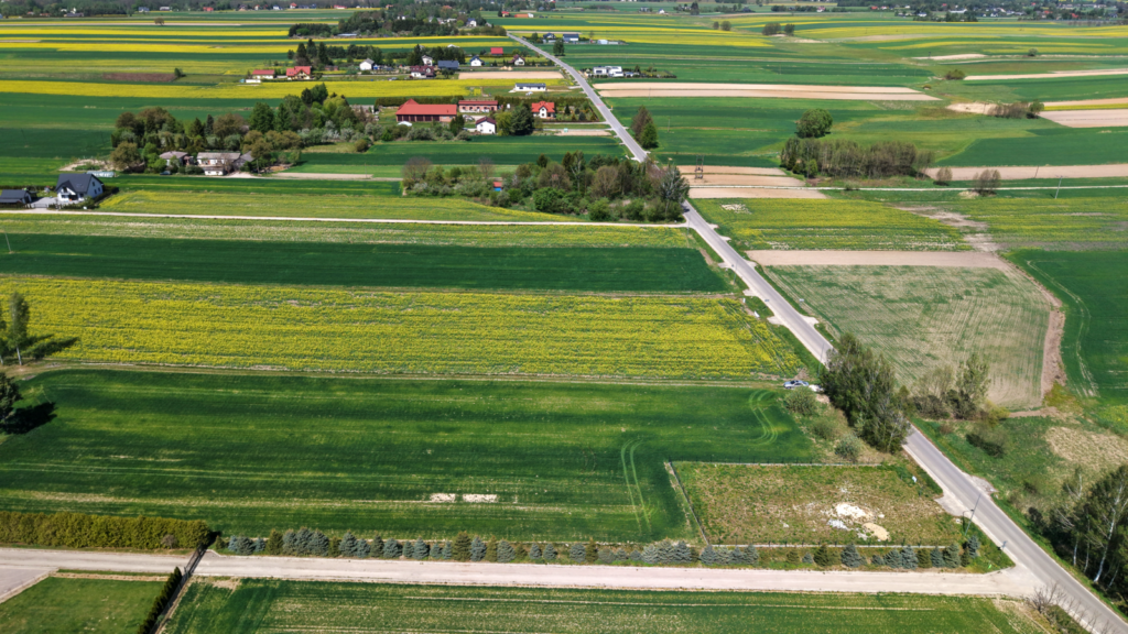 Widok z lotu ptaka na pola i wiejską drogę