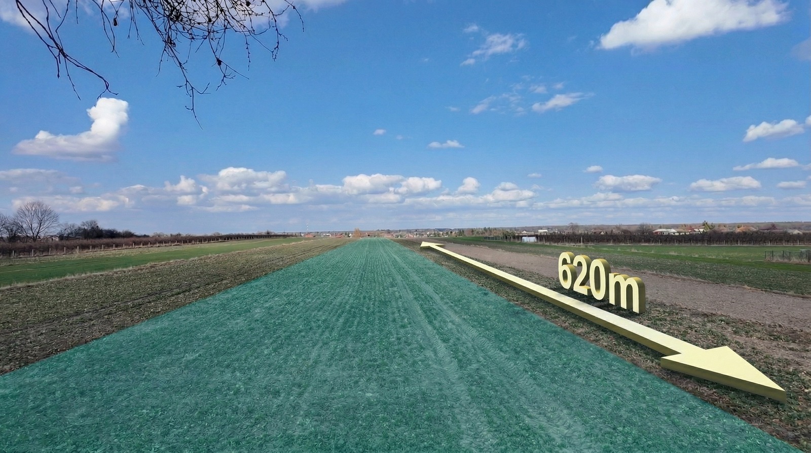 Pole uprawne z zaznaczonym odcinkiem 620 metrów