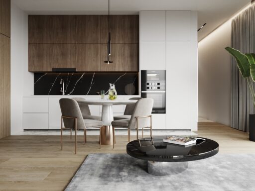 Nowoczesna kuchnia z jadalnią w eleganckich neutralnych barwach