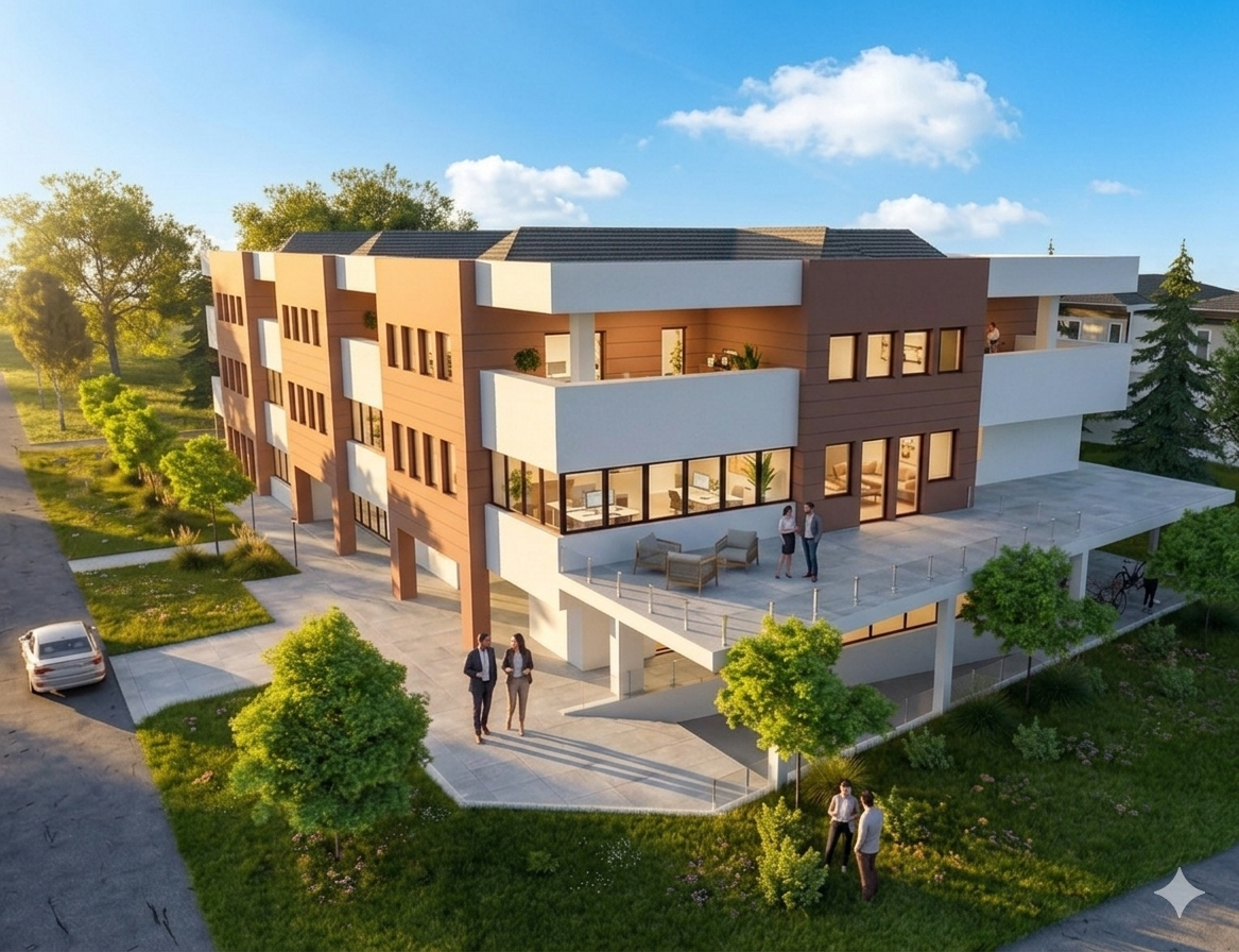 Nowoczesny budynek biurowy z tarasami wśród zieleni