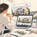 Agentka nieruchomości przegląda ofertę apartamentów na ekranach