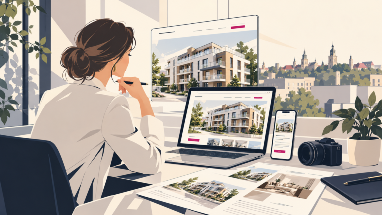 Agentka nieruchomości przegląda ofertę apartamentów na ekranach
