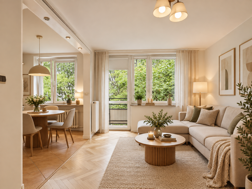 Jasny salon z jadalnią, beżową sofą i roślinami
